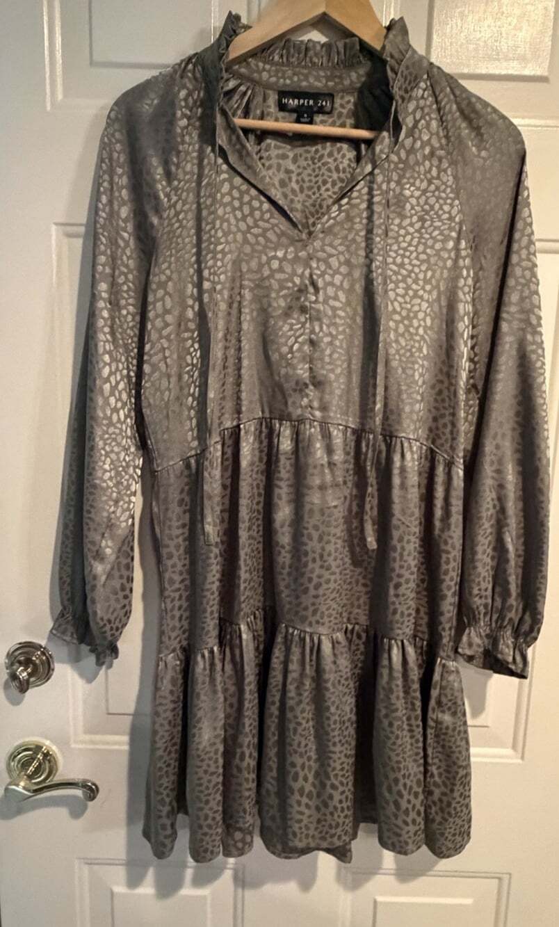 Harper 241 Dress Women's Small Sage Green Shimmery Animal Print Shift Ruffles